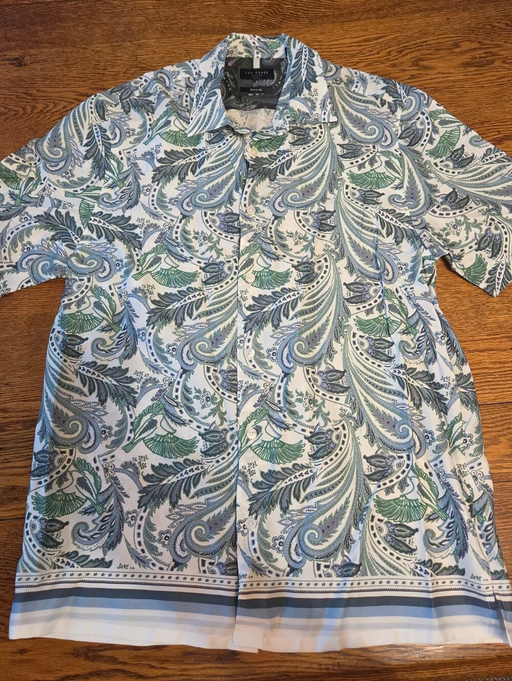 Men's Ted Baker White, Blue & Green Paisley Short-Sleeve Shirt Size 4